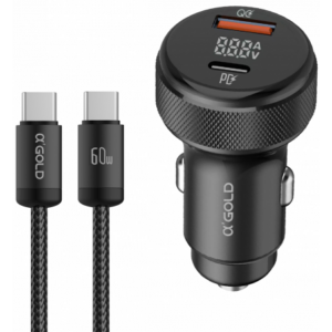 Carregador Veicular Turbo 60W A'Gold USB-C com Cabo Nylon Prateado